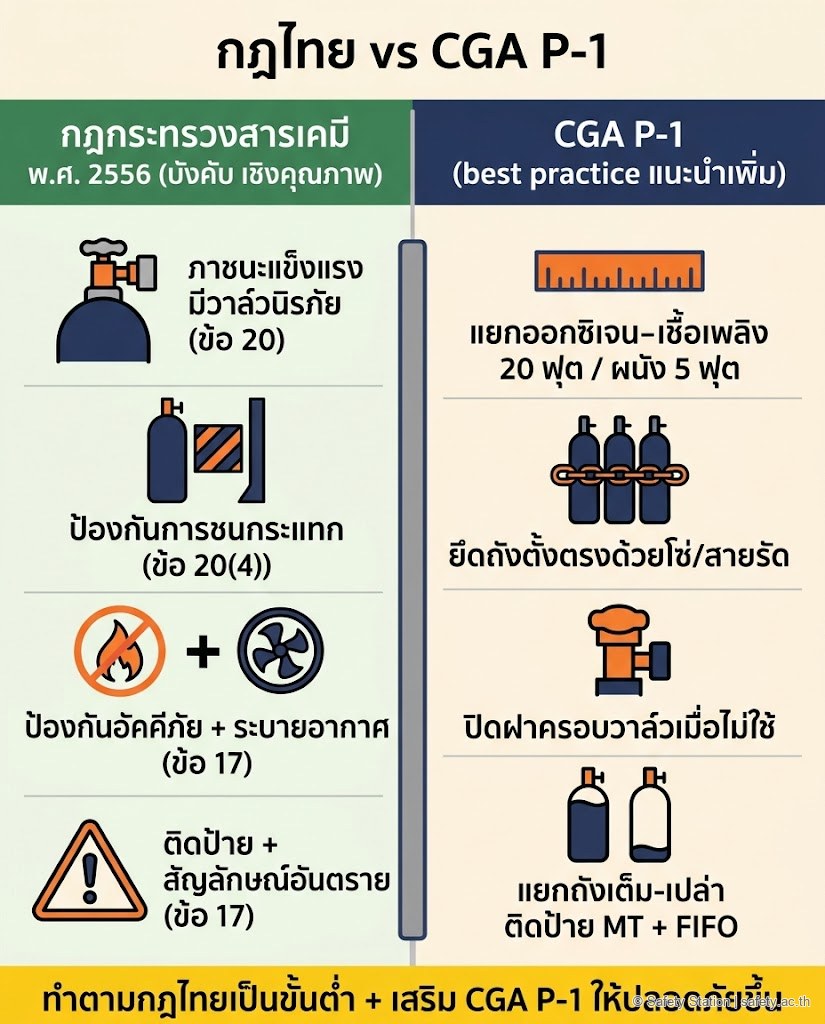 อินโฟกราฟิกเปรียบเทียบ 2 ฝั่ง — กฎกระทรวงสารเคมีไทย 2556 บังคับเชิงคุณภาพ ภาชนะแข็งแรงมีวาล์วนิรภัย ข้อ 20 ป้องกันการชนกระแทก ป้องกันอัคคีภัยและระบายอากาศ ข้อ 17 ติดป้ายสัญลักษณ์อันตราย vs CGA P-1 best practice แนะนำเพิ่ม แยกออกซิเจน-เชื้อเพลิง 20 ฟุตหรือผนัง 5 ฟุต ยึดถังด้วยโซ่ ปิดฝาครอบวาล์ว แยกถังเต็ม-เปล่าและใช้ FIFO โดยทำตามกฎไทยเป็นขั้นต่ำแล้วเสริม CGA