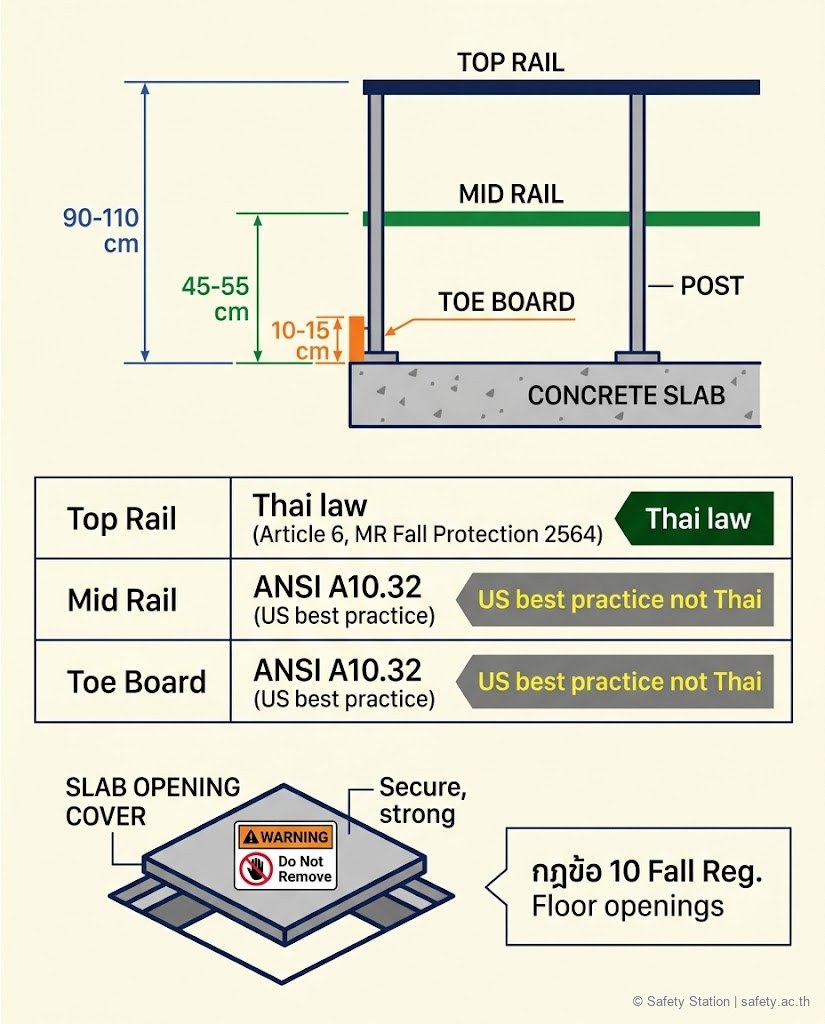 อินโฟกราฟิก cross-section ราวกันตก 3 ชั้นพร้อม dimension — top rail สูง 90-110 ซม. กฎไทย mid-rail สูง 45-55 ซม. ANSI US toe board สูง 10-15 ซม. ANSI US พร้อมไอคอน slab opening cover และป้าย Do Not Remove ตามกฎหมายไทยข้อ 10 กฎ Fall Protection 2564