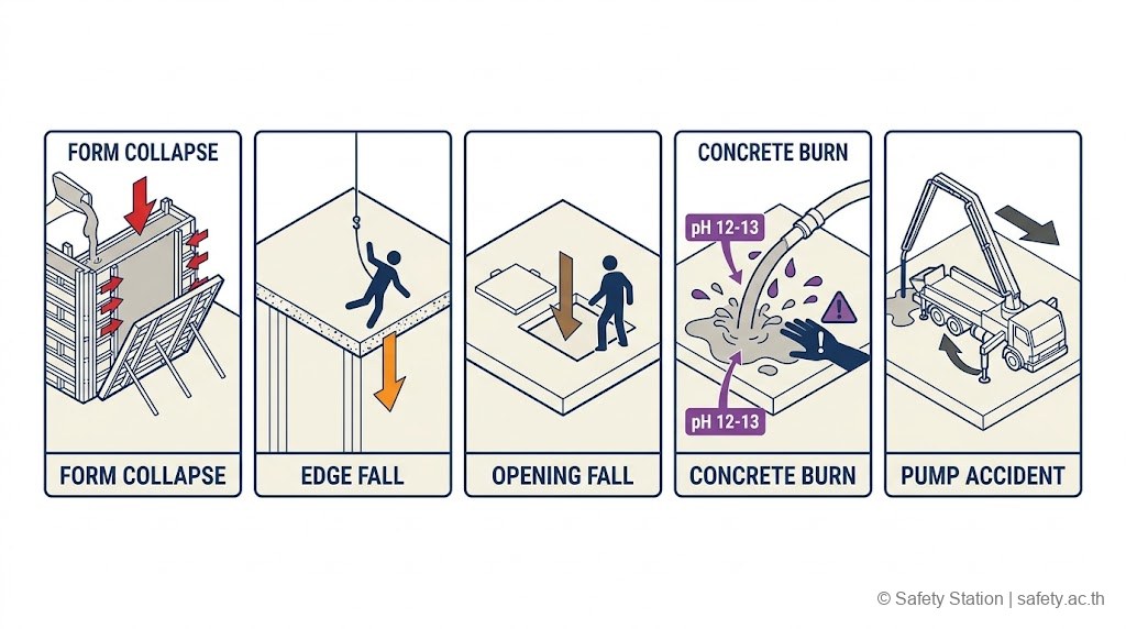 อินโฟกราฟิก isometric 5 อันตรายของวันเทคอนกรีต — Formwork Collapse · Fall from Slab Edge · Fall in Opening · Concrete Burn pH 12-13 · Pump Truck Accident พร้อมไอคอนและ label ภาษาอังกฤษ