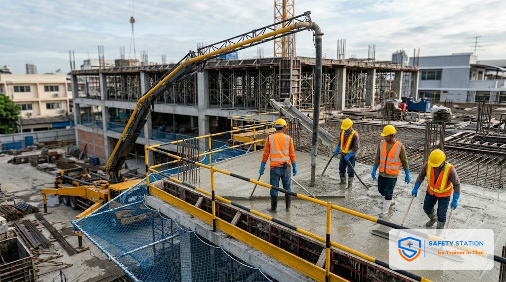 เทคอนกรีตปลอดภัย — Formwork + Edge Protection + Curing ครบทุก Phase