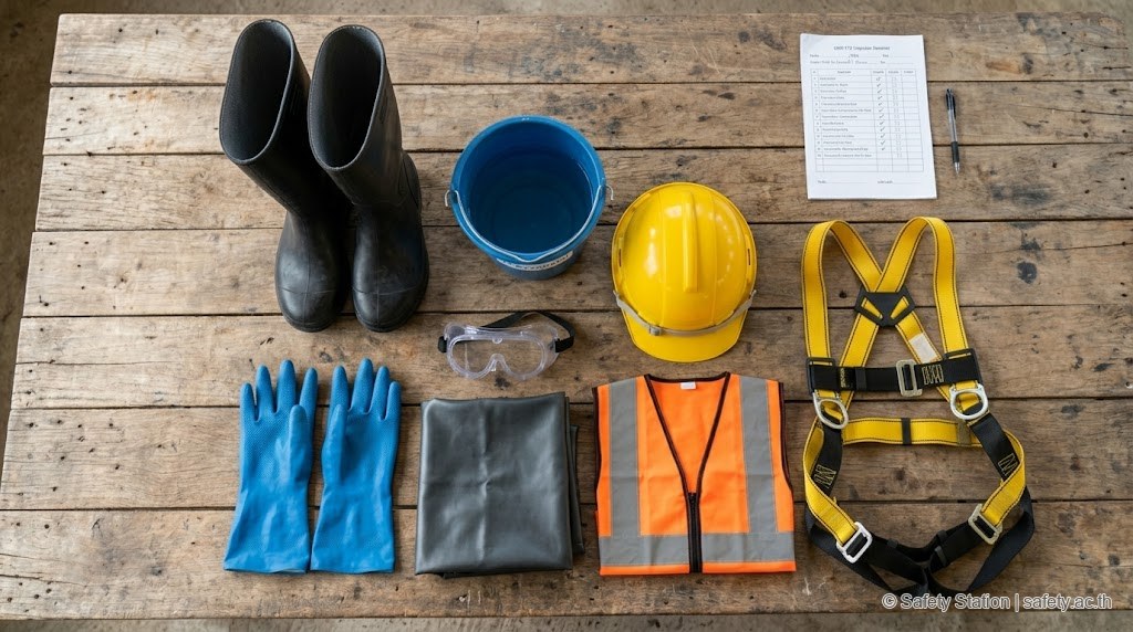 PPE สำหรับงานเทคอนกรีตวางเรียงบนโต๊ะไม้ flat lay — รองเท้าบูทยางทรงสูง ถุงมือ Nitrile สีฟ้า แว่นนิรภัย apron กันสารเคมี หมวกนิรภัยสีเหลือง เสื้อกั๊กสะท้อนแสงสีส้ม body harness และถังน้ำ emergency wash