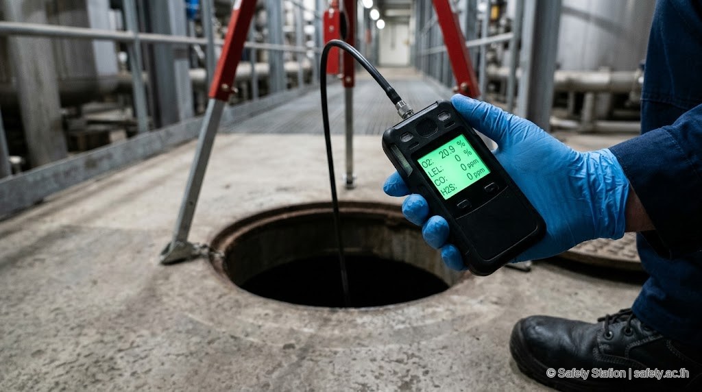 Close-up มือสวมถุงมือ nitrile ฟ้า ถือ 4-gas detector แสดงค่า O2 20.9%, LEL 0%, CO 0 ppm, H2S 0 ppm — probe ห้อยลงในปาก manhole เพื่อตรวจวัดก่อนปล่อยคนลง