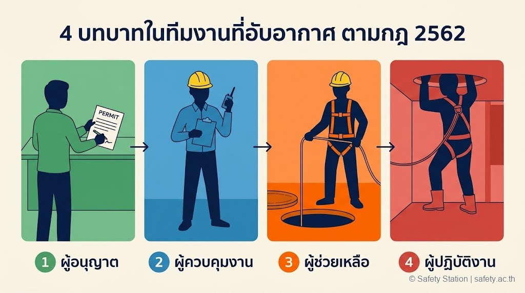 ภาพ flat-illustration 4 บทบาทในทีมงานที่อับอากาศ — ผู้อนุญาต, ผู้ควบคุมงาน, ผู้ช่วยเหลือ, ผู้ปฏิบัติงาน — ตามกฎกระทรวงที่อับอากาศ 2562