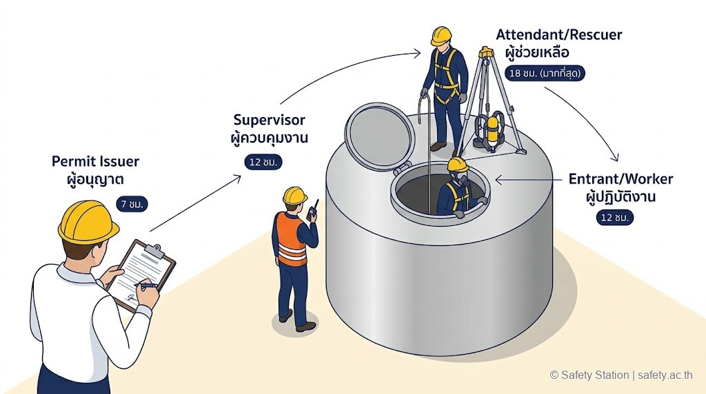 แผนภาพ isometric 4 บทบาทผู้เกี่ยวข้องในงานที่อับอากาศ — ผู้อนุญาต 7 ชม., ผู้ควบคุมงาน 12 ชม., ผู้ช่วยเหลือ 18 ชม., ผู้ปฏิบัติงาน 12 ชม. รอบถังเหล็กที่มี manhole