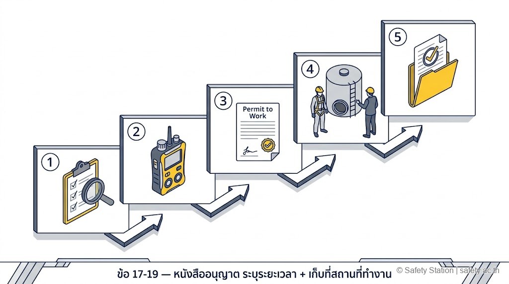 ภาพ isometric diagram แสดง 5 ขั้นตอน Permit-to-Work ที่อับอากาศ — ประเมินงาน, ตรวจวัดบรรยากาศ, ออกหนังสืออนุญาต, ปฏิบัติงานภายใต้การกำกับ, ปิดงาน+เก็บบันทึก ตามข้อ 17-19