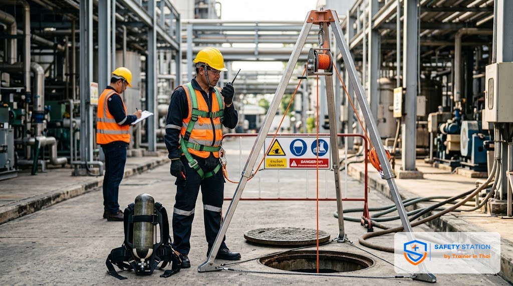 ทีมกู้ภัยที่อับอากาศ — ผู้ช่วยเหลือ อุปกรณ์ retrieval/tripod/SCBA และ non-entry rescue
