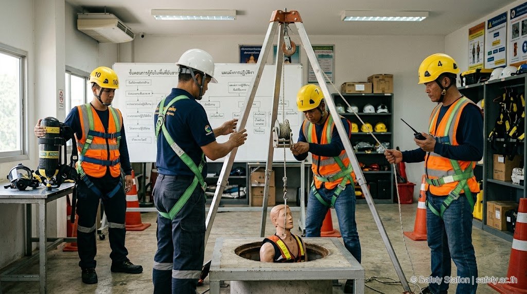 ภาพถ่ายห้องอบรมภาคปฏิบัติหลักสูตรผู้ช่วยเหลือในที่อับอากาศ ผู้เข้าอบรม 3-4 คนชายไทยสวมหมวกเหลืองและ harness ฝึกใช้ Tripod กับ Winch ดึงหุ่นจำลองออกจาก manhole พร้อมวิทยากรให้คำแนะนำ
