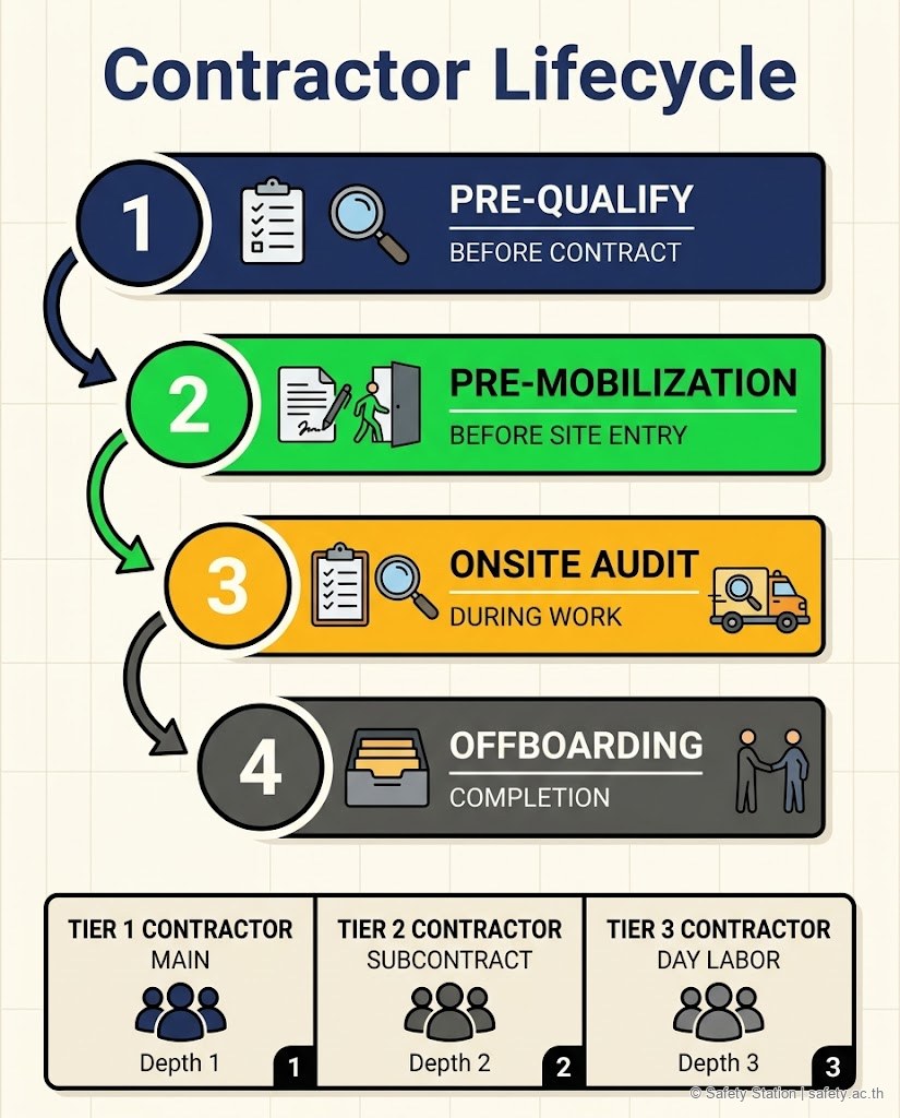 อินโฟกราฟิกแนวตั้งแสดง Contractor Lifecycle 4 phase — Pre-Qualify · Pre-Mobilization · Onsite Audit · Offboarding พร้อมแยก Tier 1/2/3 contractor ที่ฐานล่าง