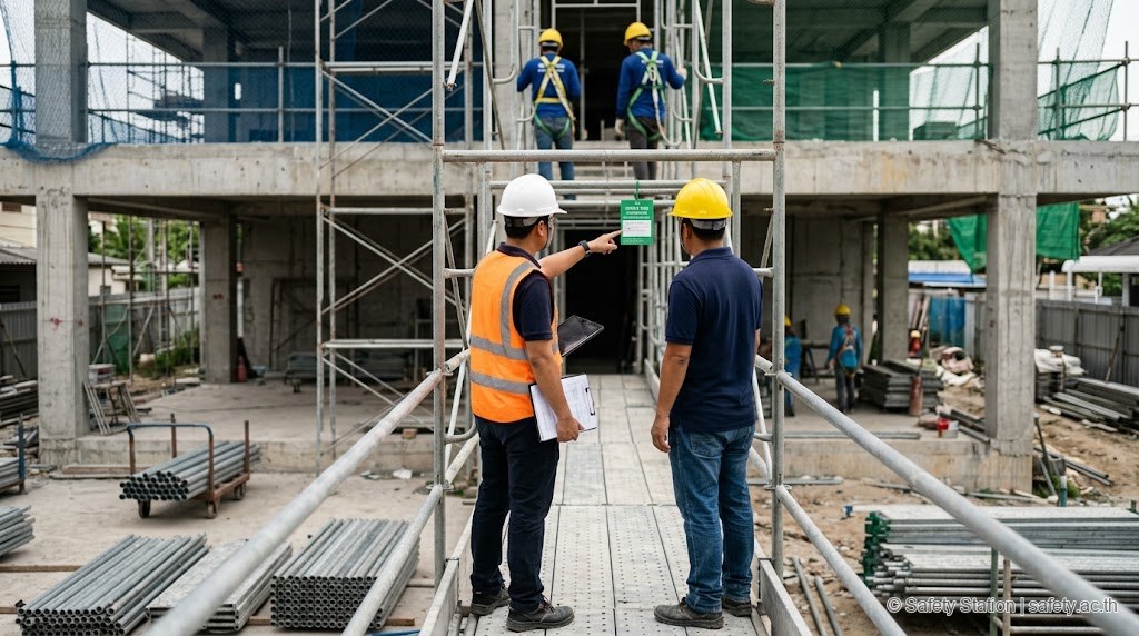 จป.วิชาชีพใส่หมวกขาวและผู้แทนผู้รับเหมาใส่หมวกเหลือง เดิน Joint Safety Walk ตรวจนั่งร้านชั้น 3-4 ในไซต์ก่อสร้าง พื้นหลังเห็นคนงานทำงานบนนั่งร้านมี safety net คลุม