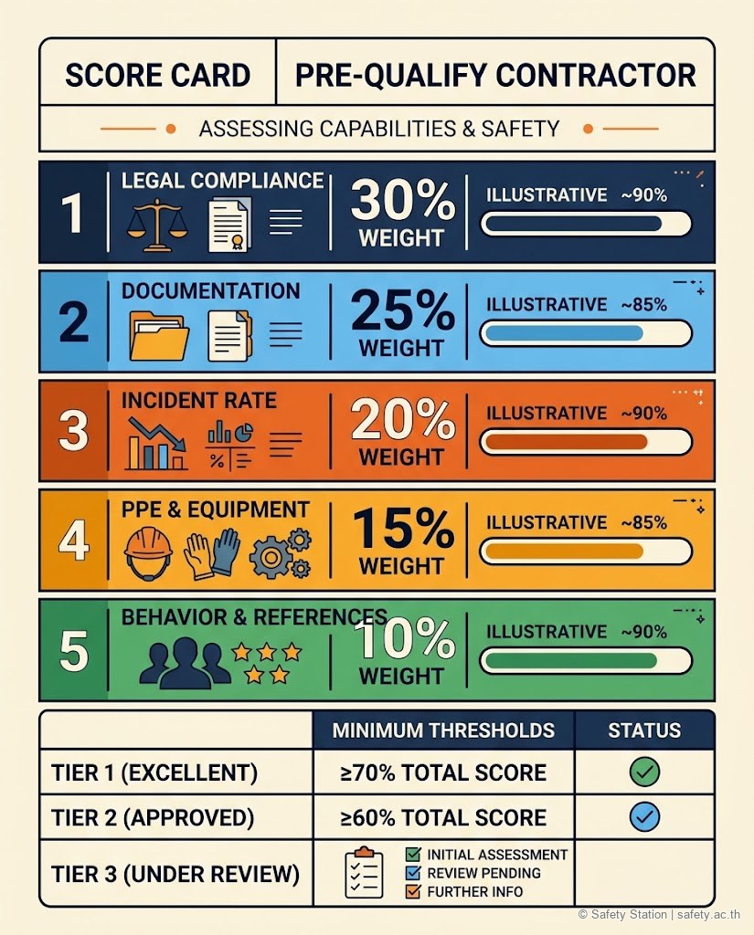 อินโฟกราฟิก Score Card 5 หมวดสำหรับ Pre-Qualify Contractor — Legal Compliance 30 เปอร์เซ็นต์ Documentation 20 PPE Equipment 15 Incident Rate 20 Behavior References 15 พร้อมเกณฑ์ผ่านของ Tier 1/2/3