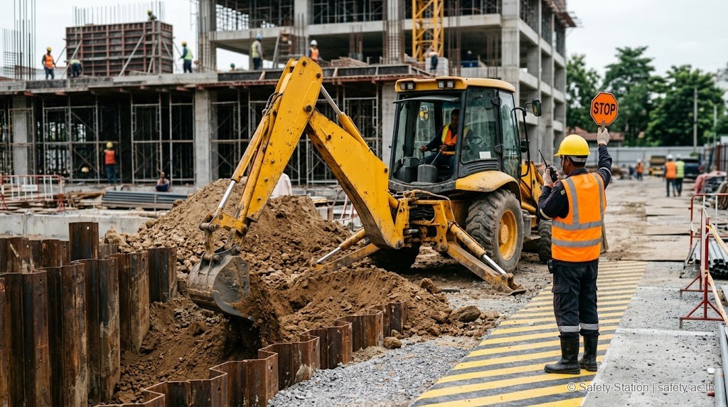 spotter ชายไทยใส่เสื้อกั๊กสะท้อนแสงสีส้มเข้มถือธง paddle และวิทยุ ยืนนอก swing zone ของรถ backhoe loader สีเหลืองที่กำลังขุดบ่อ มีเส้นสีเหลือง-ดำตี exclusion zone และ sheet pile ตามขอบบ่อ
