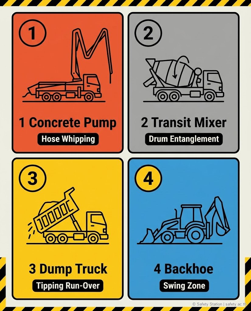ตารางไอคอน 2x2 ชุด A เครื่องจักรก่อสร้างอันตรายสูง 4 ตัวแรก — 1 Concrete Pump เสี่ยง Hose Whipping · 2 Transit Mixer เสี่ยง Drum Entanglement · 3 Dump Truck เสี่ยง Tipping และ Run-Over · 4 Backhoe เสี่ยง Swing Zone