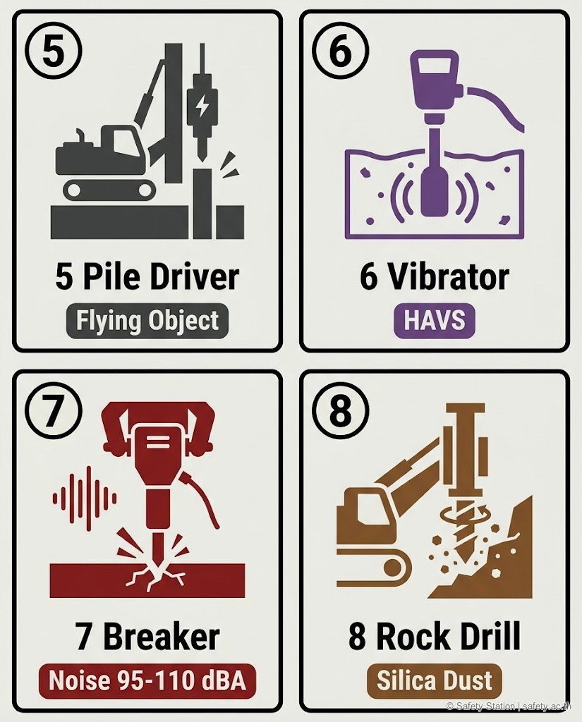 ตารางไอคอน 2x2 ชุด B เครื่องจักรก่อสร้างอันตรายสูง 4 ตัวหลัง — 5 Pile Driver เสี่ยง Flying Object · 6 Concrete Vibrator เสี่ยง HAVS Hand-Arm Vibration · 7 Concrete Breaker เสียง 95-110 dBA · 8 Rock Drill เสี่ยง Silica Dust