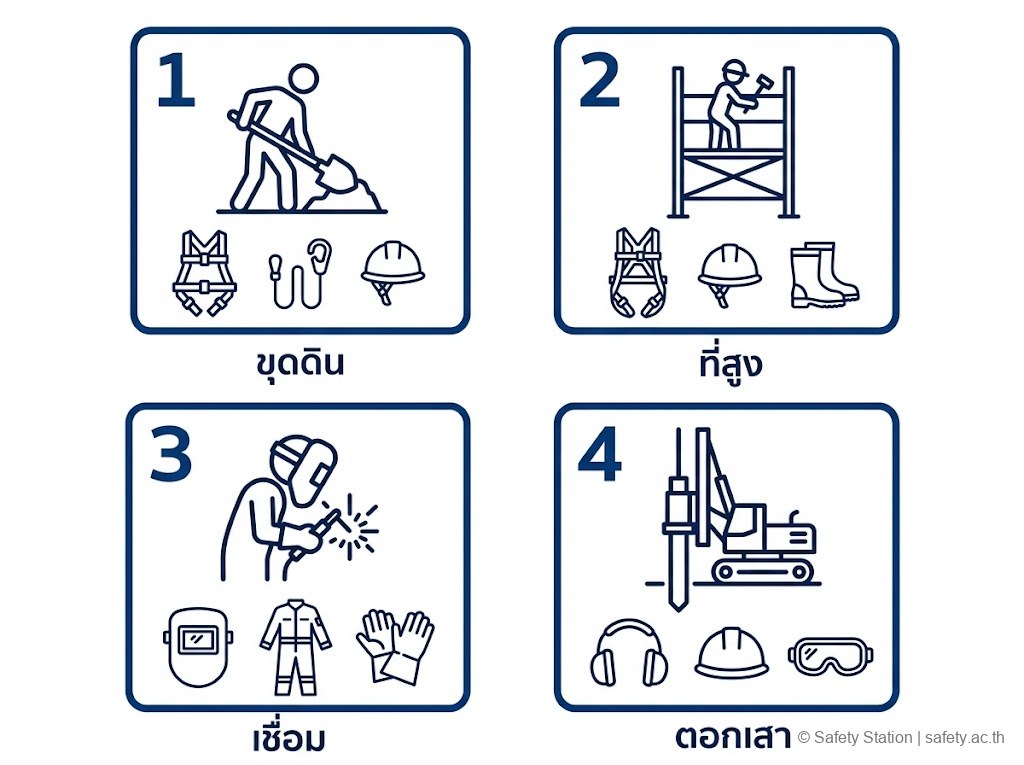 ไอคอน 4 ช่อง (งาน 1-4) — PPE ตามประเภทงานก่อสร้าง: ขุดดิน, ที่สูง, เชื่อม, ตอกเสาเข็ม — พร้อม PPE ที่ต้องใช้