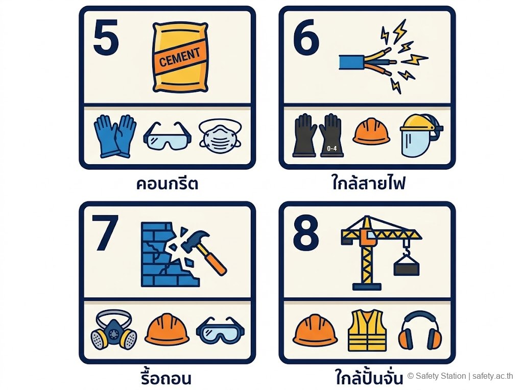 ไอคอน 4 ช่อง (งาน 5-8) — PPE ตามประเภทงานก่อสร้าง: คอนกรีต, ใกล้สายไฟ, รื้อถอน, ใกล้ปั้นจั่น — พร้อม PPE ที่ต้องใช้