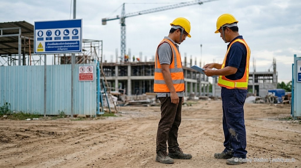 Foreman สวมหมวกเหลืองและเสื้อ high-vis ตรวจ PPE คนงานใหม่ที่ทางเข้าไซต์ก่อสร้าง — คนงานสวมหมวกพร้อมสายรัดคาง, แว่นนิรภัย, เสื้อสะท้อนแสง, กางเกงทำงาน และรองเท้านิรภัย