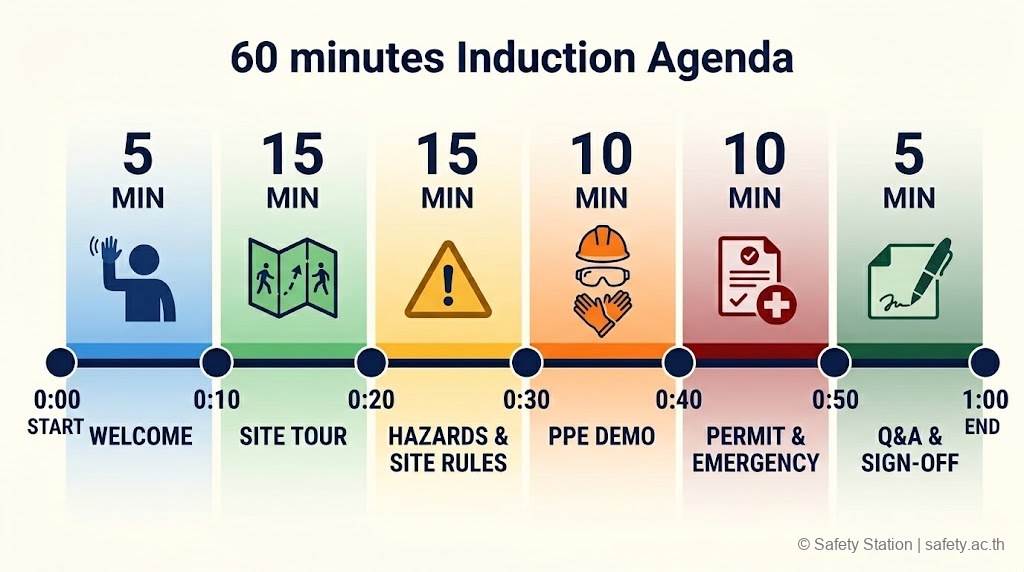 อินโฟกราฟิก timeline 60 นาที แสดง Induction Agenda 6 ช่วง — Welcome 5 นาที · Site Tour 15 นาที · Hazards และ Rules 15 นาที · PPE Demo 10 นาที · Permit และ Emergency 10 นาที · Q&A และ Sign-off 5 นาที