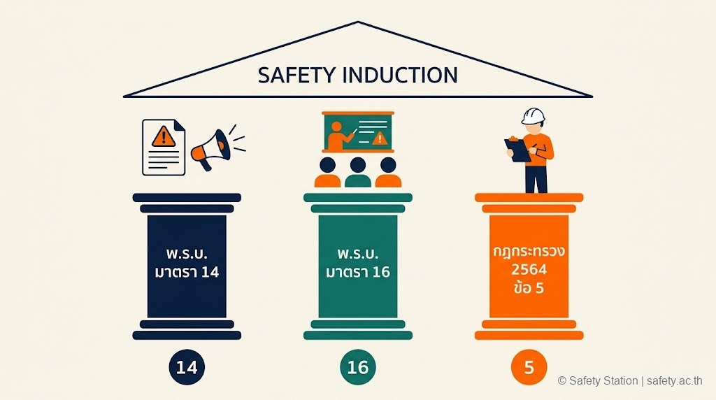 ภาพ 3 เสาฐานกฎหมายของ Safety Induction — พ.ร.บ. มาตรา 14 แจ้งอันตรายและแจกคู่มือ · พ.ร.บ. มาตรา 16 ฝึกอบรมก่อนเริ่มงาน · กฎกระทรวง 2564 ข้อ 5 ผู้ควบคุมงาน รองรับหลังคา Safety Induction