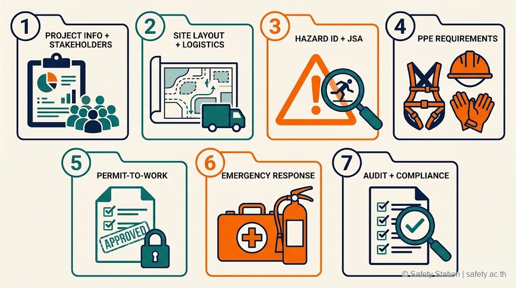 อินโฟกราฟิก flat-style 7 ส่วนหลักของ Site Safety Plan — Project Info, Site Layout, Hazard ID/JSA, PPE, Permit-to-Work, Emergency Response, Audit/Compliance