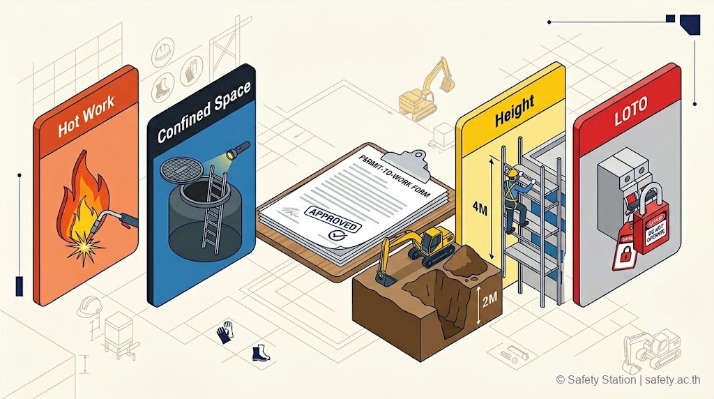 อินโฟกราฟิก isometric 5 ประเภท Permit-to-Work ที่ใช้บ่อยในไซต์ — Hot Work, Confined Space, Excavation, Working at Height, LOTO พร้อม permit form ตรงกลาง