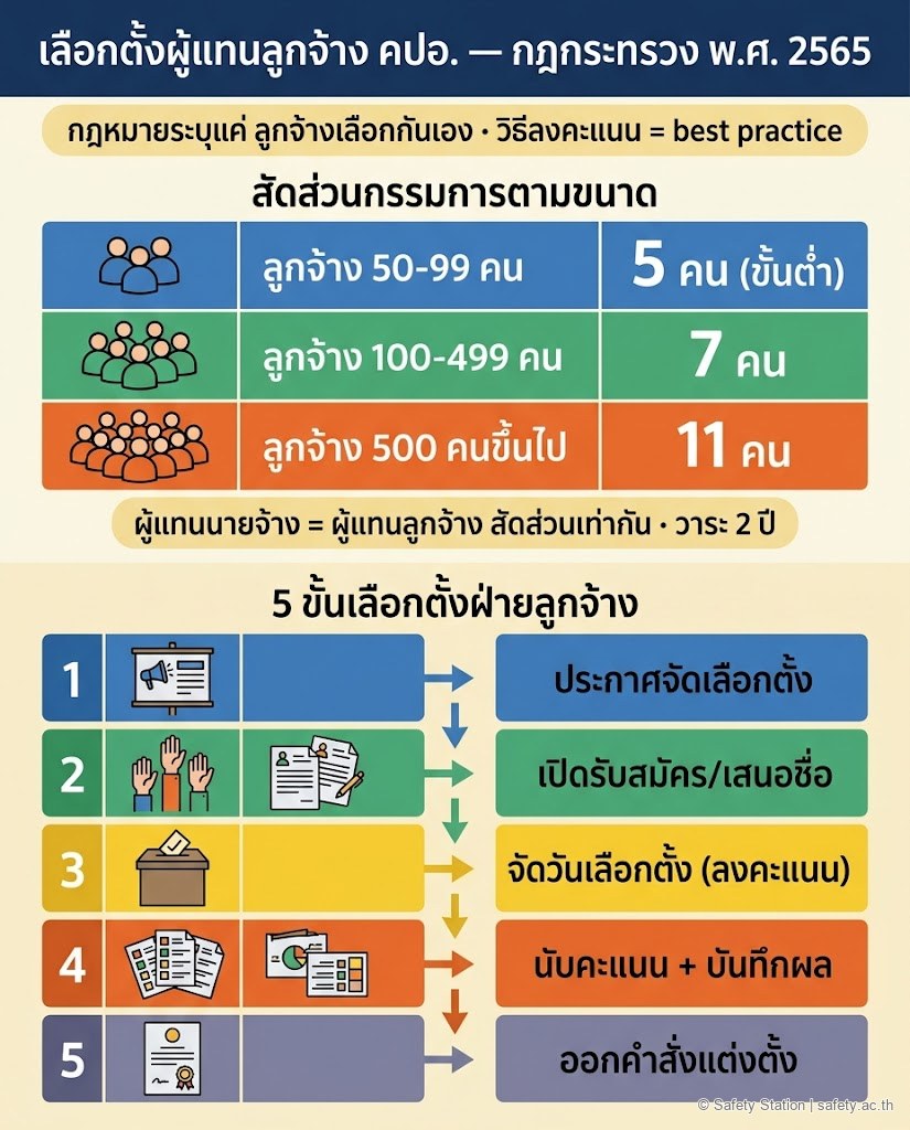 อินโฟกราฟิกแนวตั้งเลือกตั้ง คปอ. ฝ่ายลูกจ้าง — ส่วนบนสัดส่วนกรรมการตามขนาด 5 คน (50-99) 7 คน (100-499) 11 คน (500+) วาระ 2 ปี · ส่วนล่าง 5 ขั้นเลือกตั้ง ประกาศ รับสมัคร ลงคะแนน นับคะแนน ออกคำสั่งแต่งตั้ง พร้อมหมายเหตุว่าวิธีลงคะแนนเป็น best practice