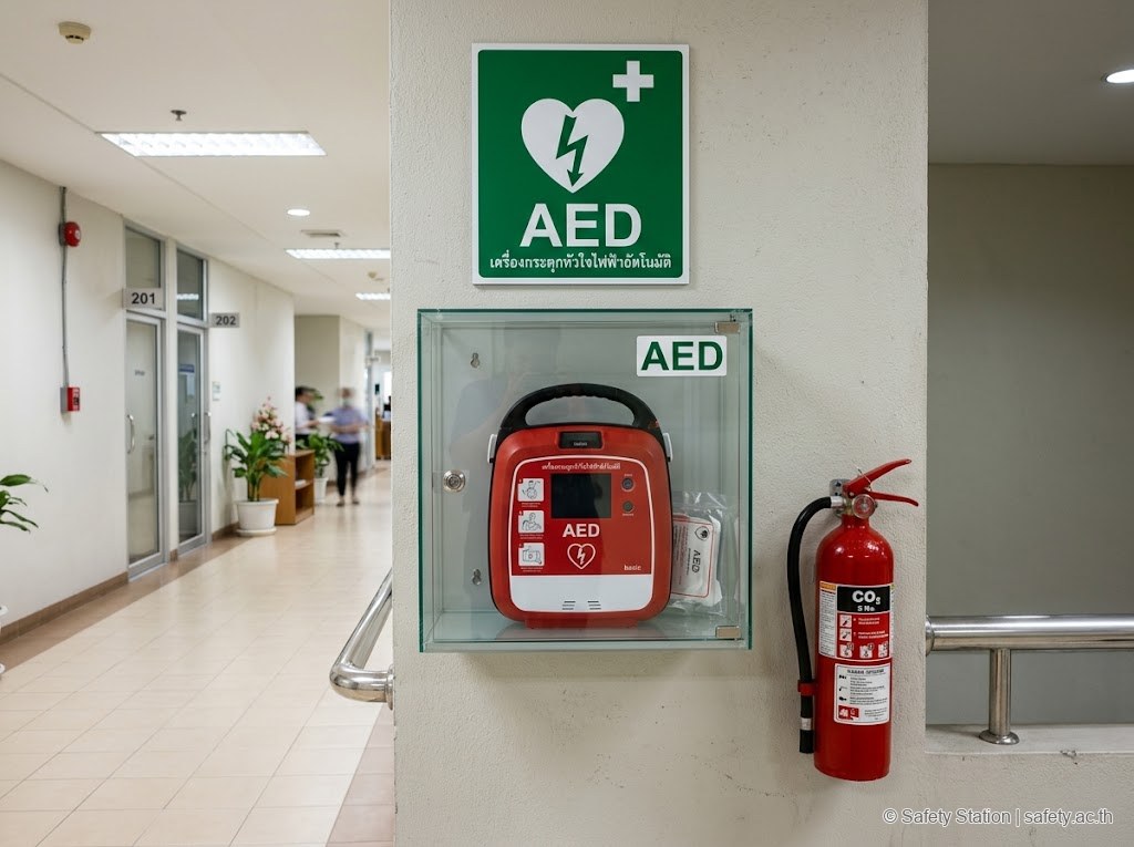 ตู้เครื่อง AED ติดผนังในออฟฟิศ/โรงงานไทย ภายในตู้กระจกเห็นเครื่อง AED สีแดง-ขาว เหนือตู้มีป้ายสีเขียว ISO 7010 E010 พร้อมข้อความไทย