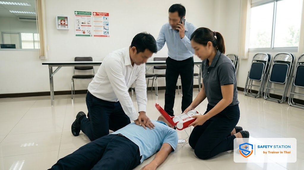 CPR + AED ในที่ทำงาน — 5 ขั้นช่วยชีวิตเพื่อนร่วมงาน