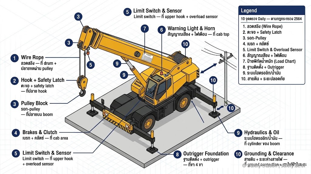 อิโซเมตริก mobile crane เห็นทั้งคัน พร้อม annotation 10 จุดตรวจ daily — ลวดสลิง, ตะขอ, รอก, เบรก, limit switch, สัญญาณเสียง+ไฟ, ป้ายพิกัด, outrigger, ไฮดรอลิก, สายดิน