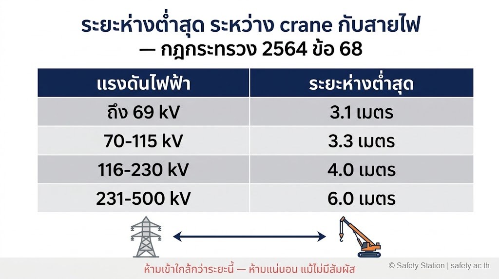ตาราง infographic ระยะห่างต่ำสุดระหว่าง crane กับสายไฟตามกฎ 2564 ข้อ 68 — 69 kV ต้องห่าง 3.1 ม., 115 kV 3.3 ม., 230 kV 4.0 ม., 500 kV 6.0 ม.