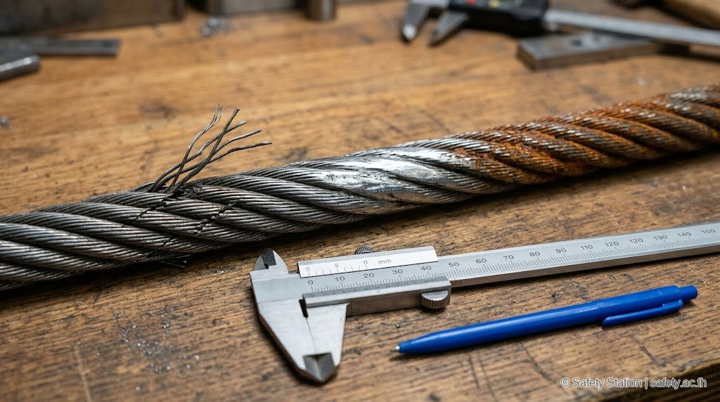 Close-up ลวดสลิง crane บน workbench แสดง 3 จุด defect — เส้นนอกขาด, ลวดสึก เส้นผ่านศูนย์กลางลดลง 5%, สนิม — พร้อมไม้บรรทัด steel rule วัด diameter