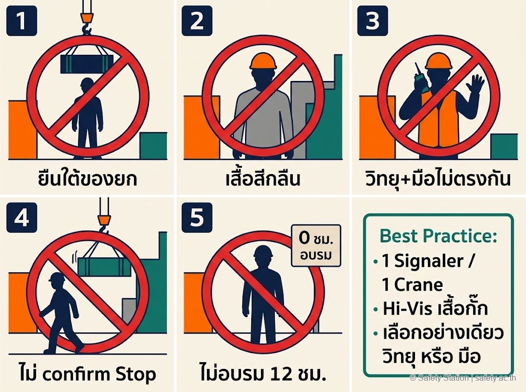 อินโฟกราฟิก 5 ข้อผิดพลาดของผู้ให้สัญญาณปั้นจั่น — ยืนใต้ของยก เสื้อสีกลืน วิทยุ+มือไม่ตรง ไม่ confirm Stop และไม่อบรม 12 ชั่วโมง