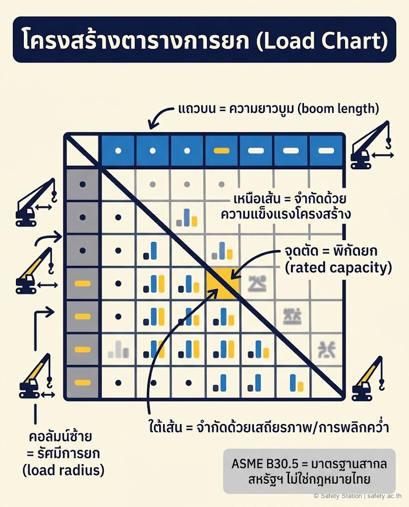 อินโฟกราฟิกอธิบายโครงสร้างตารางการยก (load chart) — แถวบนคือความยาวบูม คอลัมน์ซ้ายคือรัศมีการยก จุดตัดคือพิกัดยก พร้อมเส้นหนาแบ่งโซนที่จำกัดด้วยความแข็งแรงโครงสร้าง (เหนือเส้น) กับเสถียรภาพ/การพลิกคว่ำ (ใต้เส้น) ระบุว่าเป็นแนวคิด ASME B30.5 มาตรฐานสากลไม่ใช่กฎหมายไทย
