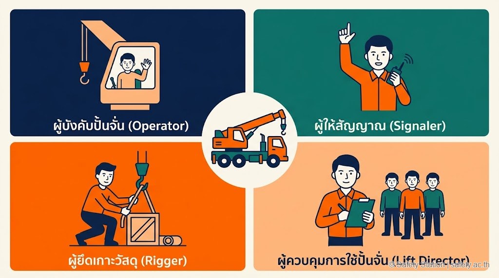 ภาพประกอบ 4 ตำแหน่งงานปั้นจั่นที่ต้องอบรม — ผู้บังคับ ผู้ให้สัญญาณ ผู้ยึดเกาะวัสดุ และผู้ควบคุมการใช้ปั้นจั่น