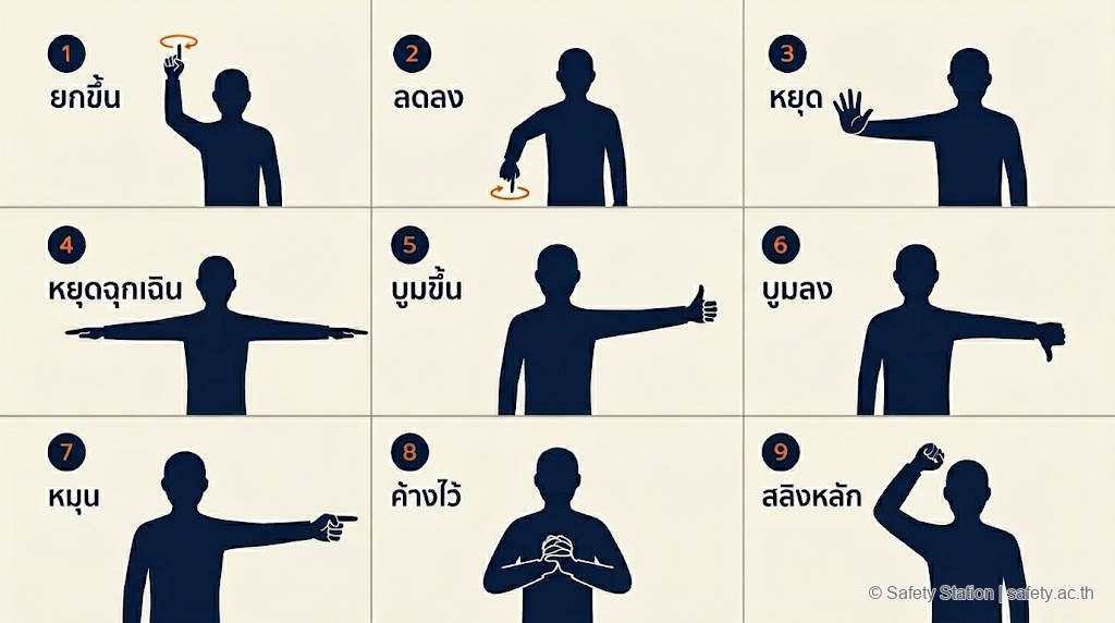ภาพประกอบสัญญาณมือ ASME B30 จำนวน 9 สัญญาณที่ใช้บ่อย — ยกขึ้น ลดลง หยุด หยุดฉุกเฉิน บูมขึ้น บูมลง หมุน ค้างไว้ และใช้สลิงหลัก
