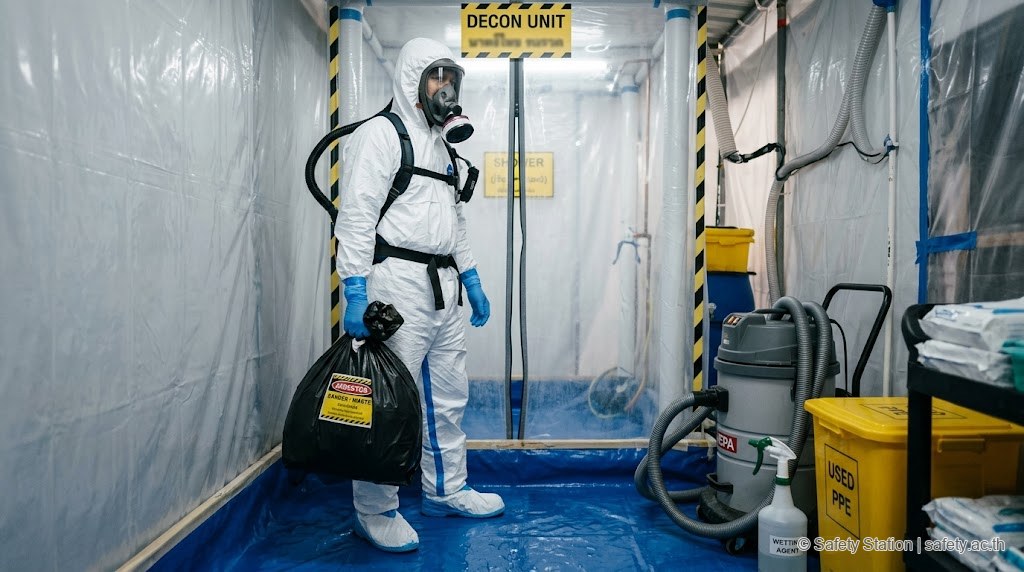 คนงาน HazMat ชายไทยใส่ชุด Tyvek Type 5/6 ขาวเต็มตัวคลุมหัว Full-face PAPR ถุงมือ Nitrile 2 ชั้น Tyvek bootie ถือถุง hazardous waste 2 ชั้น ยืนใน decontamination unit 3 stage มีป้าย DECON UNIT สีเหลือง-ดำ