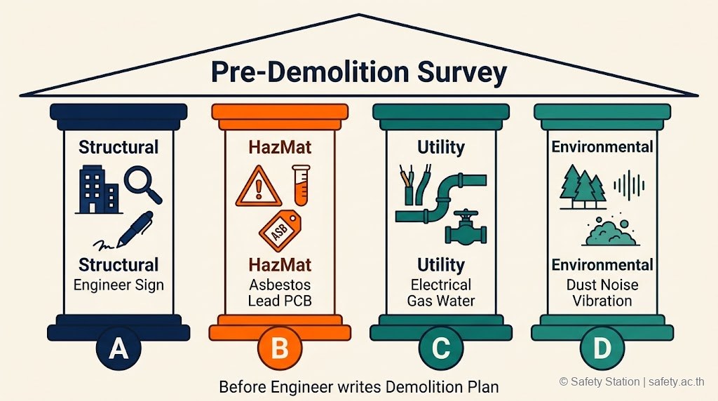 ภาพ 4 เสา Pre-Demolition Survey — Structural วิศวกรเซ็น · HazMat Asbestos Lead PCB · Utility ไฟ ก๊าซ น้ำ · Environmental ฝุ่น เสียง การสั่นสะเทือน รองรับหลังคา Pre-Demolition Survey ก่อนวิศวกรเขียนแผนรื้อถอน