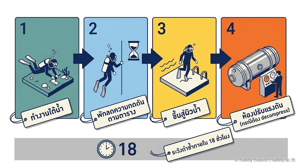 แผนภาพ isometric ขั้นตอนการลดความดัน 4 ขั้น — ทำงานใต้น้ำ พักลดความกดดันตามตาราง ขึ้นสู่ผิวน้ำ และเข้าห้องปรับแรงดัน Hyperbaric Chamber พร้อมเตือนการดำซ้ำภายใน 18 ชั่วโมง