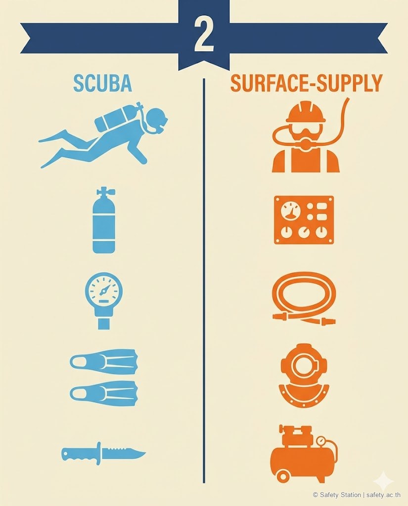 อินโฟกราฟิก 4:5 เปรียบเทียบเครื่องประดาน้ำ 2 ประเภท — แบบขวดอากาศ scuba กับแบบใช้อากาศจากผิวน้ำ surface-supply พร้อมอุปกรณ์เด่นของแต่ละแบบ