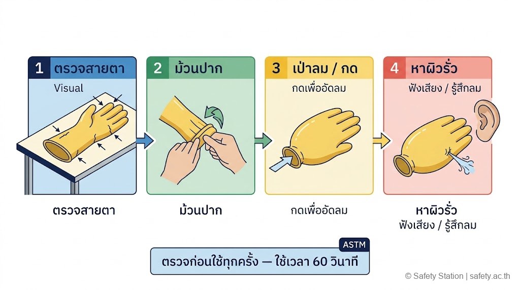 แผนภาพ isometric ขั้นตอน Air Test ตรวจถุงมือฉนวนไฟฟ้า 4 ขั้น — Visual ตรวจสายตา, ม้วนปาก, เป่าลมกด, หาผิวรั่ว ใช้เวลา 60 วินาที
