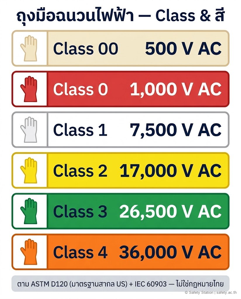 อินโฟกราฟิกแนวตั้งถุงมือฉนวนไฟฟ้า Class 00-4 ตาม ASTM D120 — beige 500V, red 1000V, white 7500V, yellow 17000V, green 26500V, orange 36000V