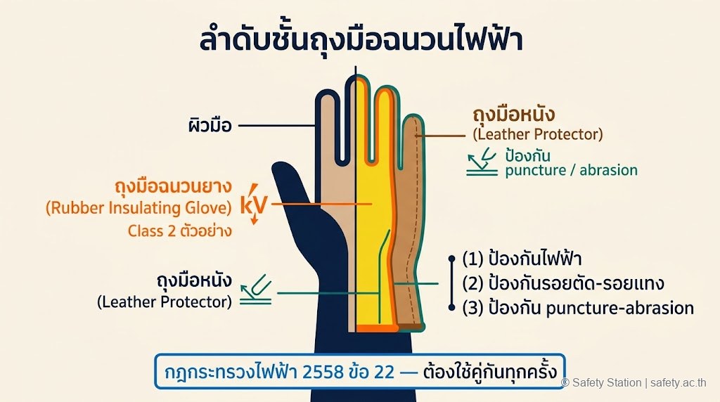 ภาพ flat-illustration cross-section ลำดับชั้นถุงมือฉนวนไฟฟ้า 3 ชั้น — ผิวมือ, ถุงมือยางฉนวน, ถุงมือหนัง (Leather Protector) ตามกฎกระทรวง 2558 ข้อ 22
