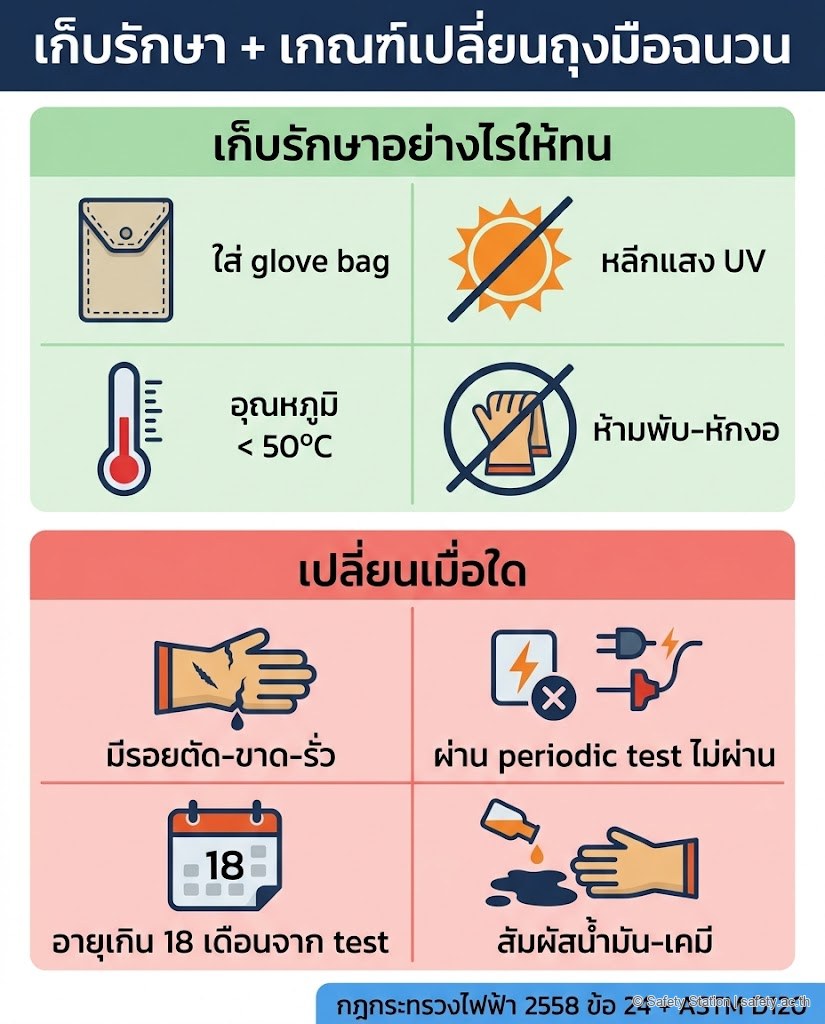 อินโฟกราฟิกแนวตั้งวิธีเก็บถุงมือฉนวนไฟฟ้า + เกณฑ์เปลี่ยน — ใส่ glove bag, หลีก UV, อุณหภูมิ <50°C, ห้ามพับ + เปลี่ยนเมื่อมีรอย, fail test, เกิน 18 เดือน, สัมผัสน้ำมัน