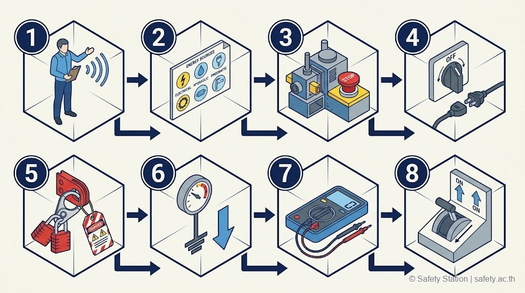 อิโซเมตริก flow 8 ขั้น LOTO เรียง 2 แถว x 4 panel — Notify, Identify, Shut Down, Isolate, Lock + Tag, Release Stored Energy, Verify Zero, Restore