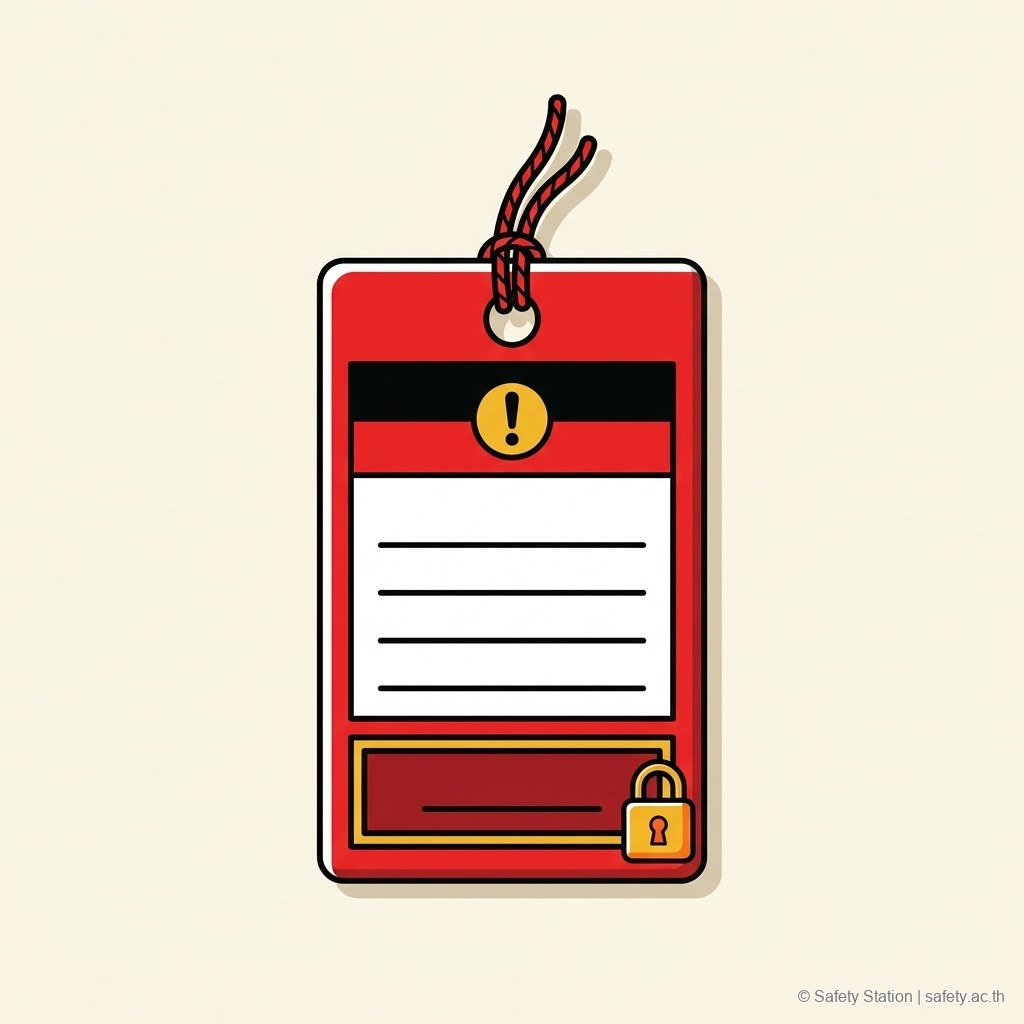 Template LOTO tag ภาษาไทย — tag สีแดง มีแถบบนแสดงคำว่าอันตราย ช่องกลางสำหรับเซ็นชื่อ-วันที่ และ padlock สำหรับร้อยเชือก