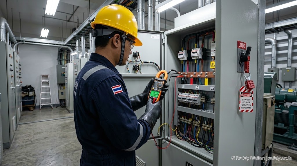 ช่างไฟฟ้าสวมหมวกเหลืองและแว่น arc-rated ใช้ digital multimeter วัดแรงดัน 0 V ที่ busbar ใน panel เพื่อ verify zero energy หลังใส่ lockout