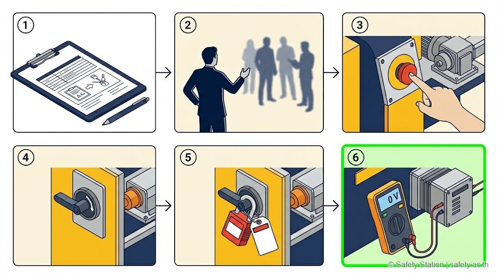 อินโฟกราฟิก isometric แสดง 6 ขั้นตอน LOTO เรียงจากซ้ายไปขวา — Prepare, Notify, Shut Down, Isolate, Lock+Tag, Verify Zero Energy โดยขั้นที่ 6 เน้นด้วยกรอบสีเขียว