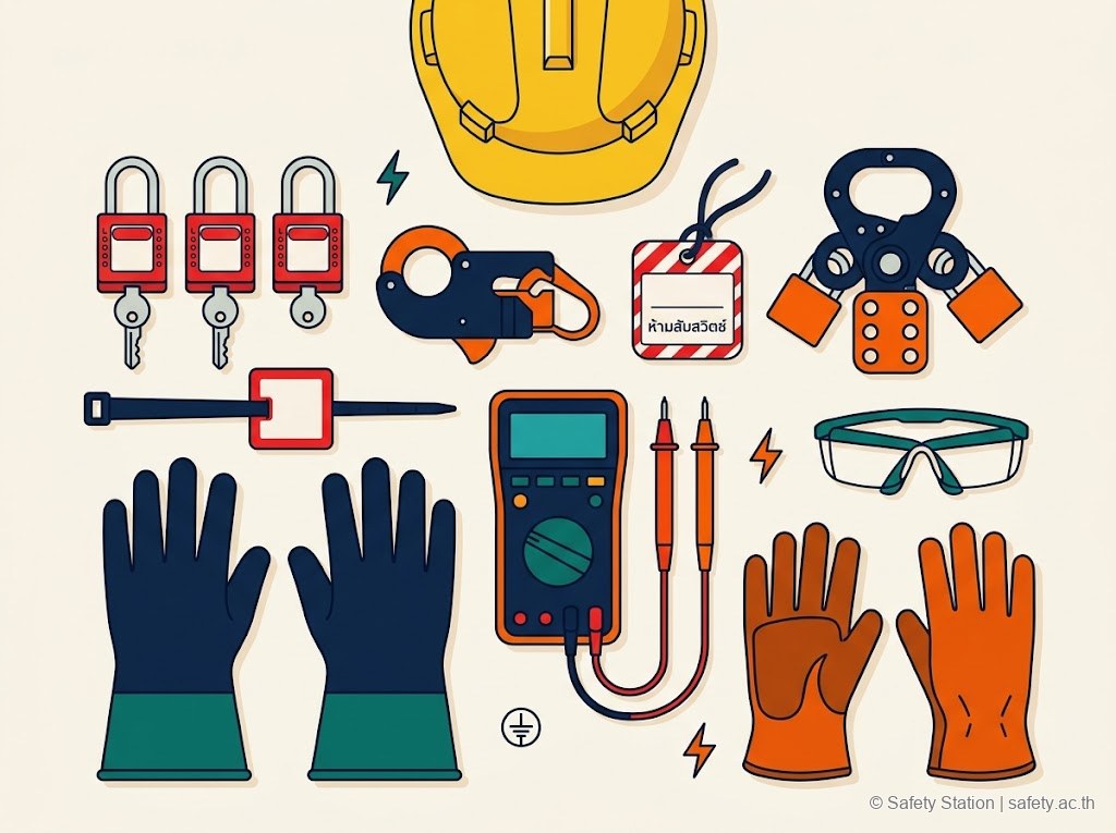 อุปกรณ์ LOTO และ PPE สำหรับงานไฟฟ้า — กุญแจสีแดง, breaker lockout, hasp, แท็กห้ามสับสวิตช์, multimeter, ถุงมือฉนวน, แว่นนิรภัย, หมวกเหลือง