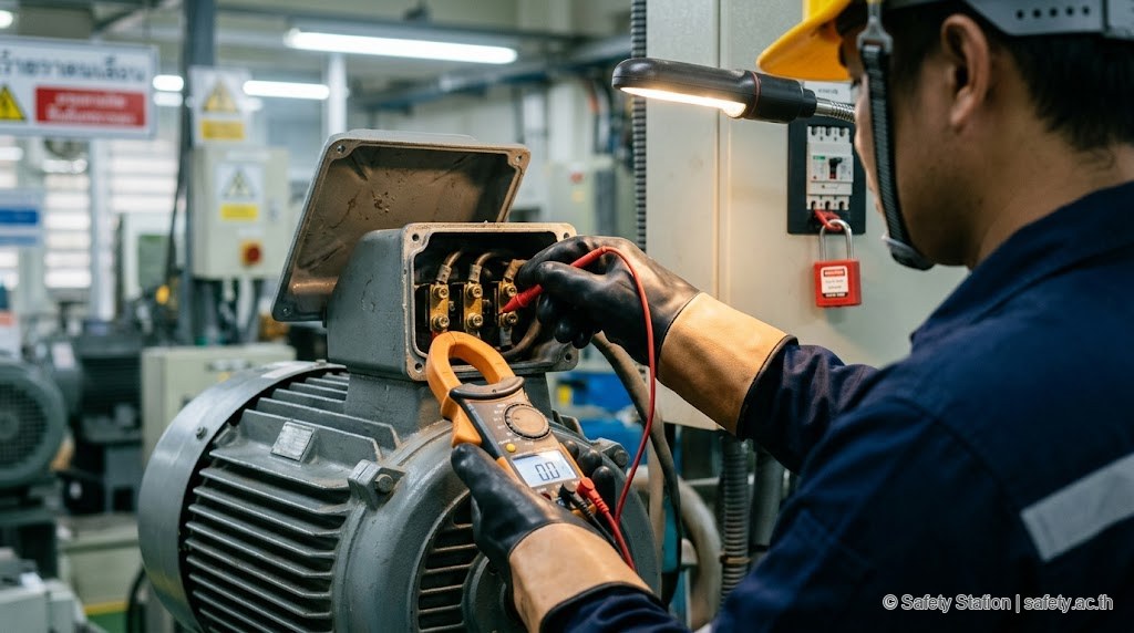 ช่างไฟฟ้าใส่ถุงมือฉนวนถือ multimeter วัดแรงดันที่ขั้วมอเตอร์ หน้าจอแสดง 0 V หลัง LOTO เพื่อยืนยัน zero energy ก่อนเริ่มงาน