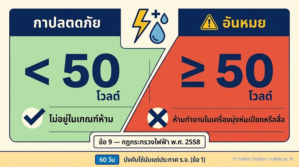 อินโฟกราฟิกเกณฑ์แรงดัน 50 โวลต์ตามข้อ 9 — ห้ามให้ลูกจ้างสวมเครื่องนุ่งห่มเปียกหรือสื่อทำงานเมื่อแรงดันเกิน 50 โวลต์ พร้อมระยะเวลาบังคับใช้ 60 วันตามข้อ 1