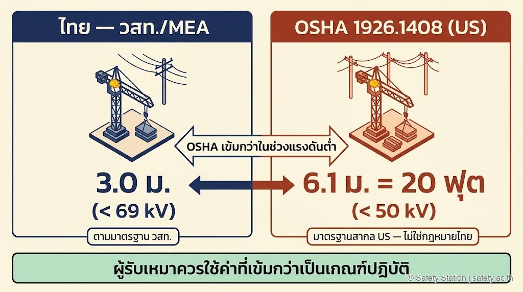 อินโฟกราฟิกเปรียบเทียบระยะปลอดภัยเครนใต้สายไฟแรงสูง — มาตรฐานไทย วสท./MEA ที่ 3 ม. กับ OSHA 1926.1408 ที่ 6.1 ม. (20 ฟุต) สำหรับแรงดันต่ำกว่า 50 kV